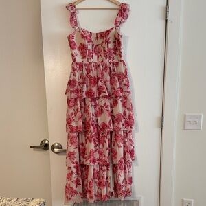 Revelry Hot Pink Garden Poppy Chiffon Floral Print Dress